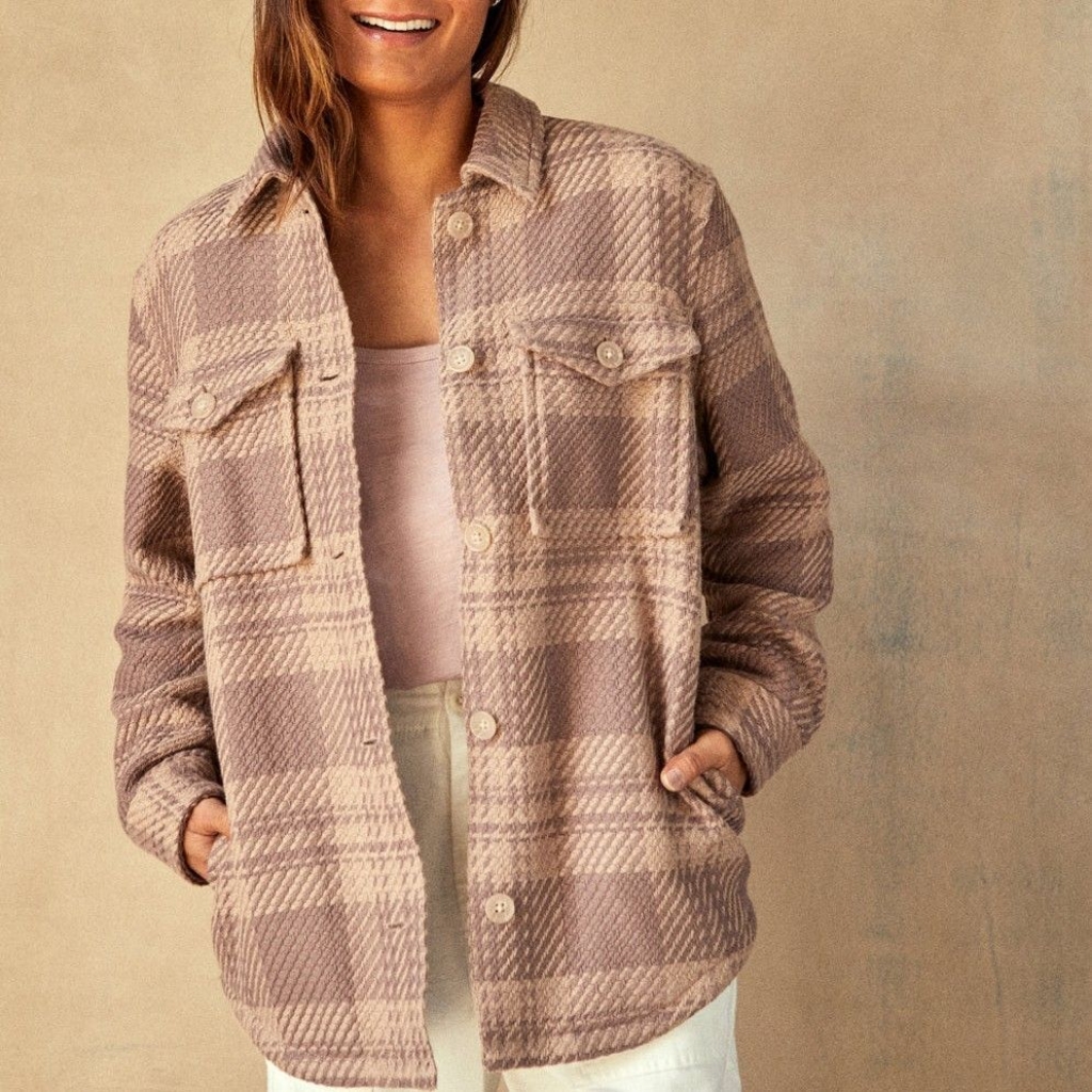 Outerknown Plaid Shacket In Taupe And Cream